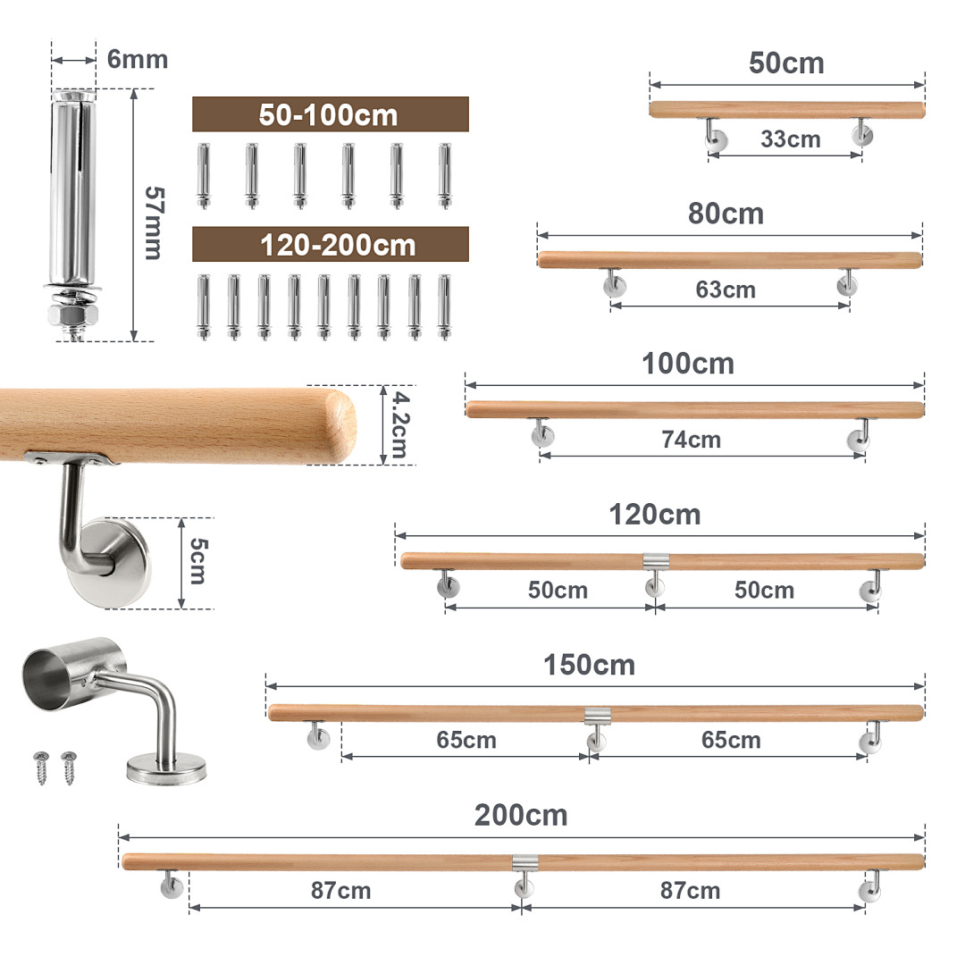 TEMU Main à longueur réglable pour escaliers intérieurs/extérieurs - Rampe murale avec système de tube en bois, support de barre transversale et