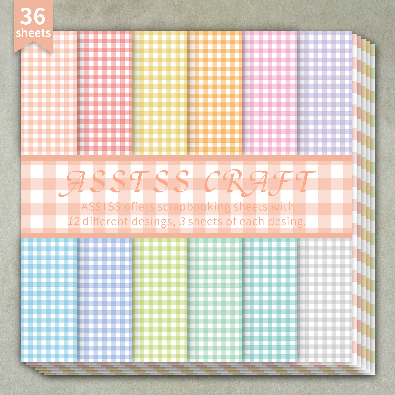 TEMU Bloc de papier scrapbooking ASSTSS de 36 feuilles pouces, motif gingham pastel, fournitures de papier de base de style , carton épais pour