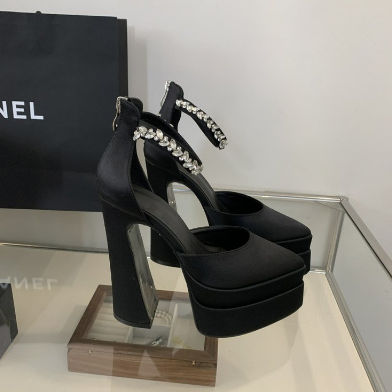 Pointed Toe Super High Heels ( Than 8cm) Thick Heel Zipper Shallow Mouth High Heels Rubber, Women Shoes