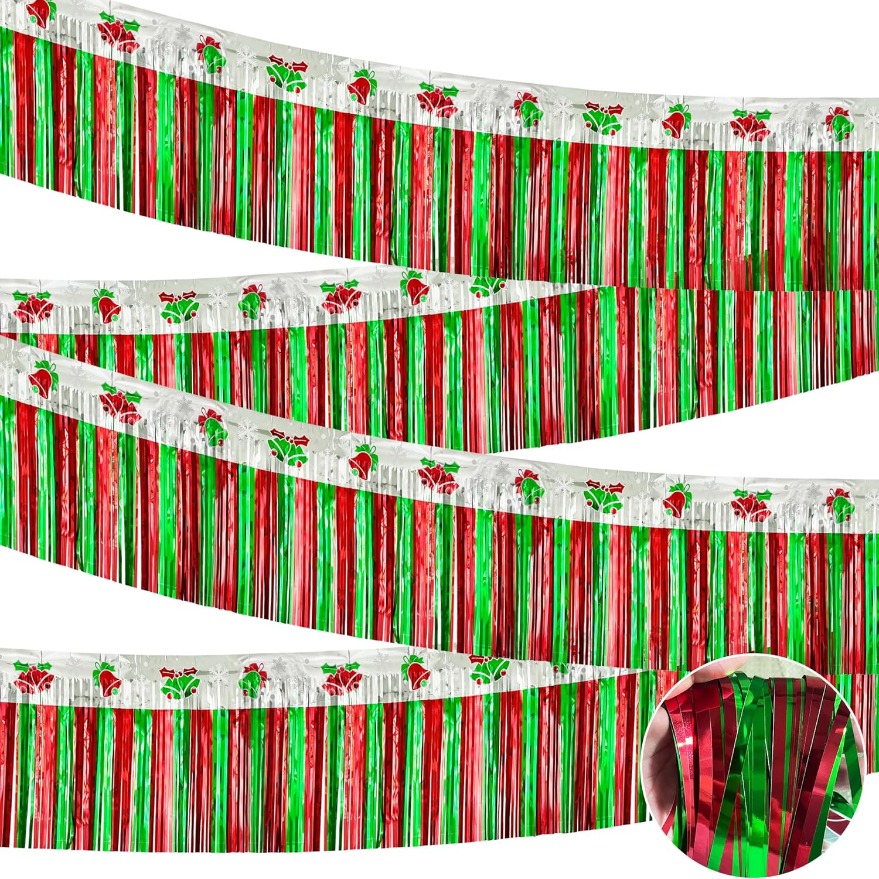 TEMU 1pc, Christmas Parade Floats Foil Fringe, Each 19.7ft X 15'' Red Green Silvery Bells Tinsel Streamers Garland Banner Table Skirts For Christmas