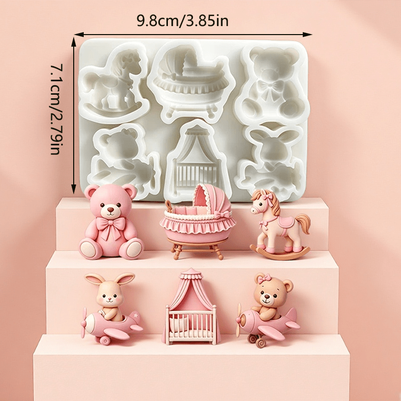TEMU 1pc 6-cavity Bear, Wooden Horse, Rabbit Airplane Shaped Resin Silicone Mold, Baptism Party Decoration Mold, Birthday Party Decoration Tool