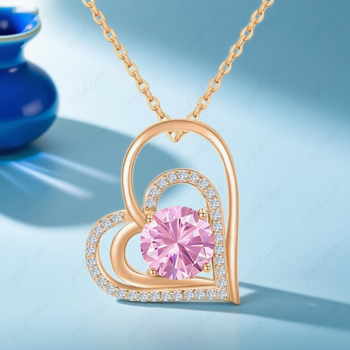 Women's Romantic Pink Synthetic Zirconia Heart-Shaped Pendant Necklace