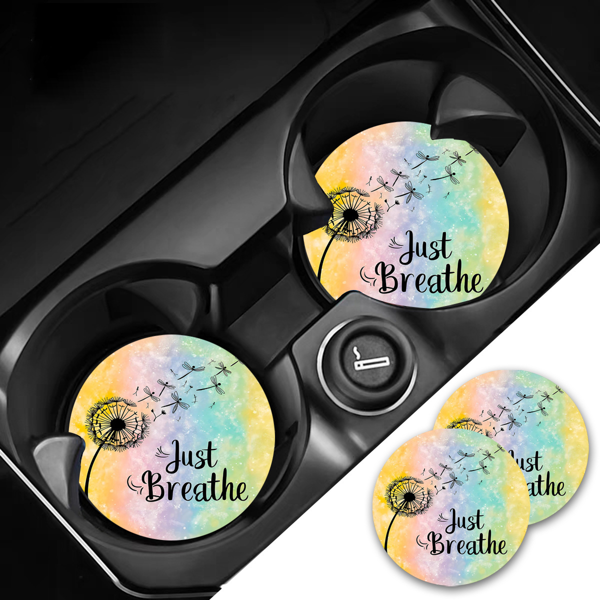 TEMU 2pcs "just Breathe" Dandelion Pattern Cup Mats, Non-slip Heat-resistant Car Drink Mats, Car Interior, Office Desk Insulation Mats, Party Gifts
