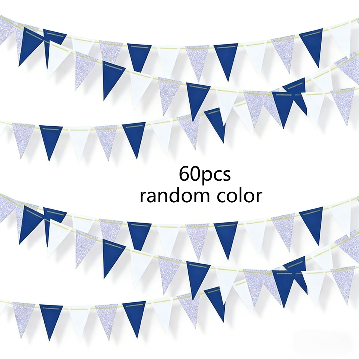 Image of 60pcs Premium Navy Blue White Bunting Flags, Double Sided Triangle Pennant Garland For Wedding Graduation Birthday Party Supplies Random Color