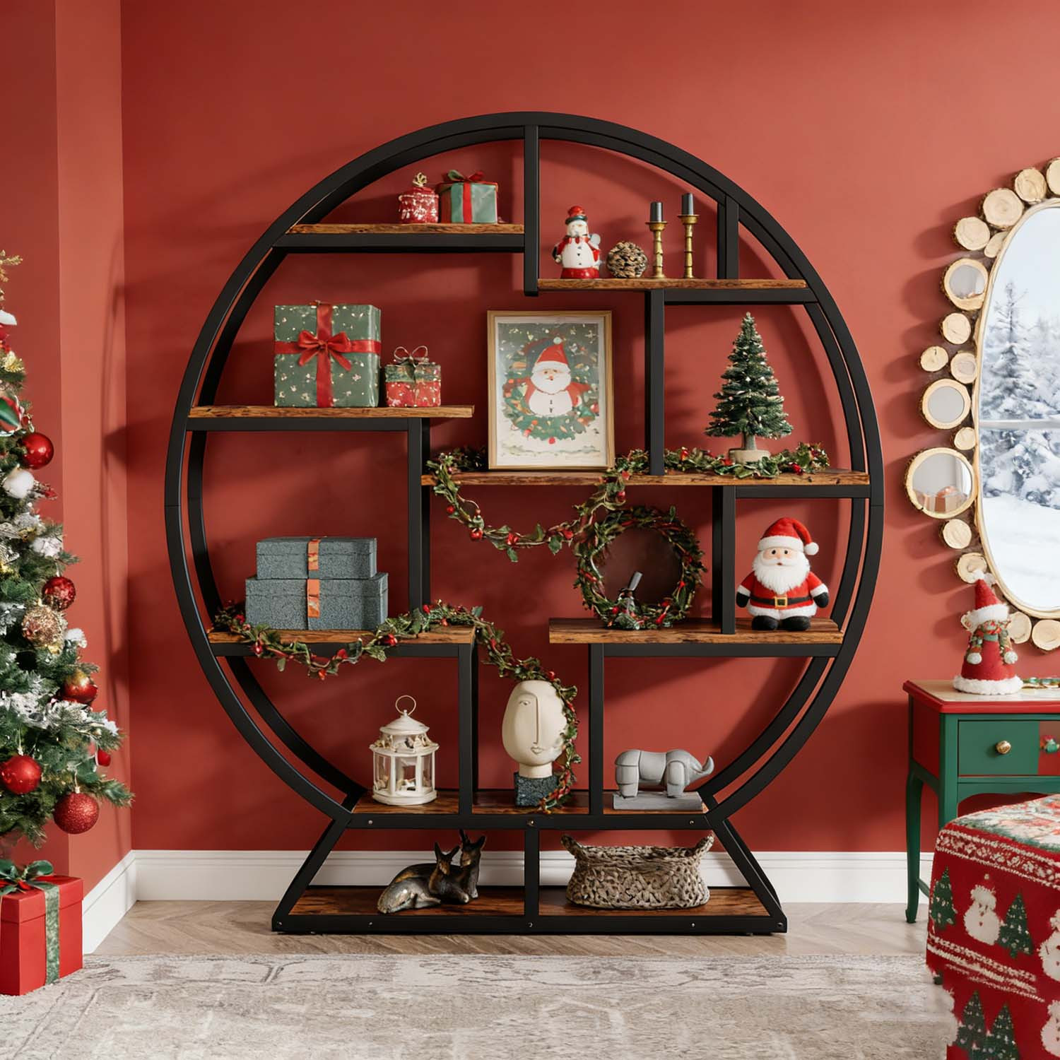 Image of 8-tier Round Bookcase In Rustic Brown - 150x30x160 Cm, A Freestanding Tall Storage Shelf Suitable For Living Rooms Or Bedrooms, - Display Rack, A Great Gift Idea For Daily Use And A Home Necessity