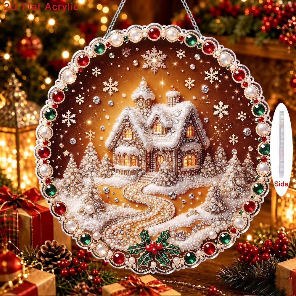 TEMU Kit de pendentif 2D plat maison de neige de Noël à faire soi-même avec strass et perles, chaîne incluse - Artisanat en acrylique rond avec outil