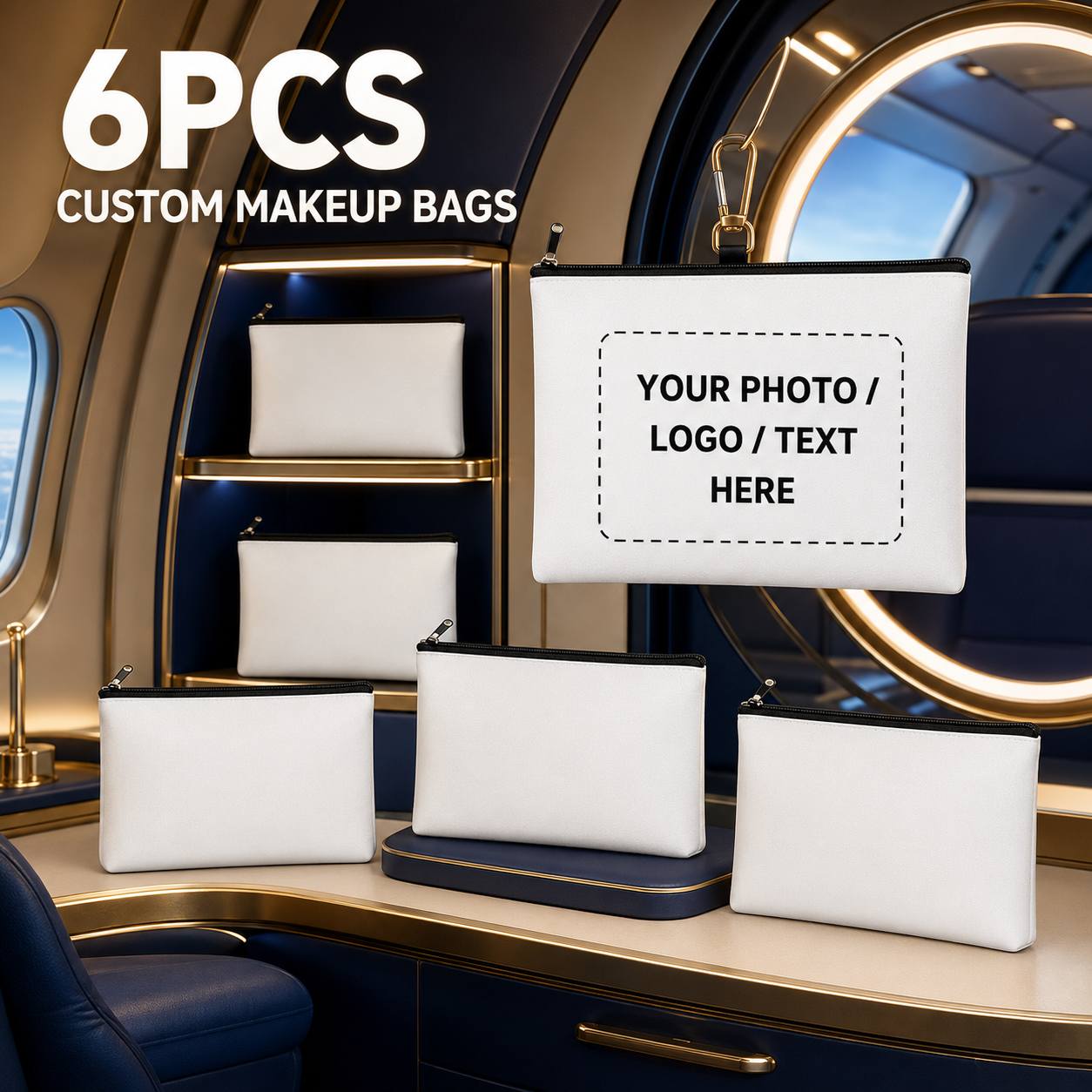 TEMU 6pcs Customizable White Zipper Makeup Bags - Personalized Logo, Toiletry Pouches - Multi-functional Office Supplies And Craft Projects, Suitable