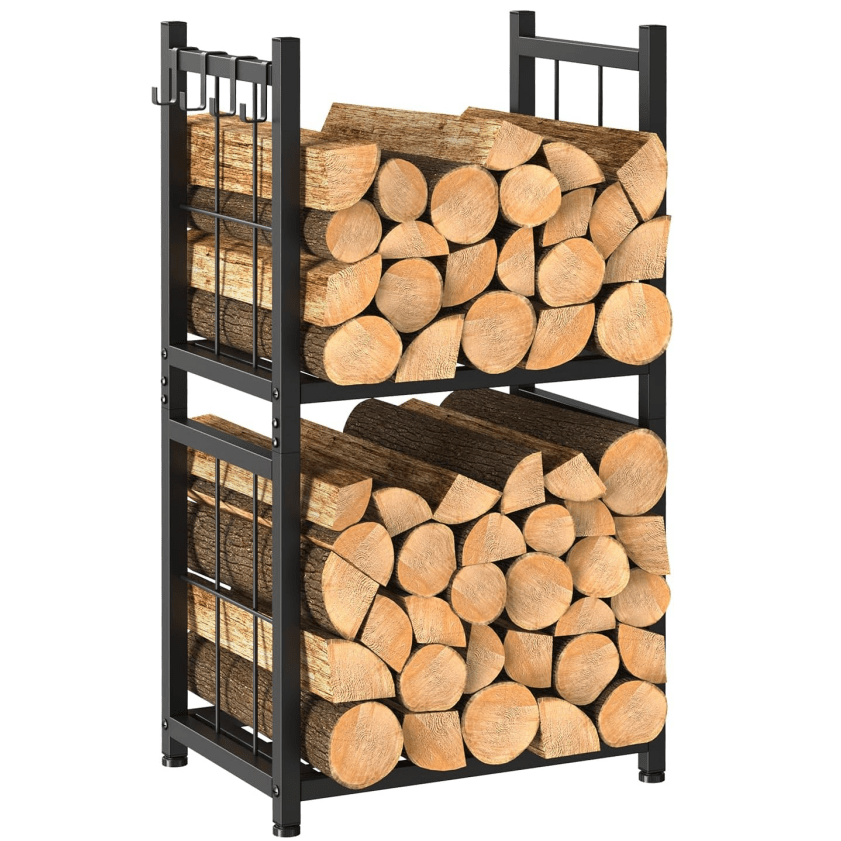 

4 Hook Firewood Stand Metal 2 Shelf Design For Indoor Outdoor Wood Storage Near Fireplace Oven Firewood Stand With 2 Shelves