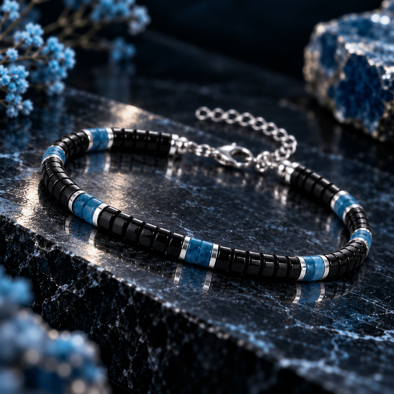 Unisex Blue Agate Beaded Bracelet with Silvery Spacers