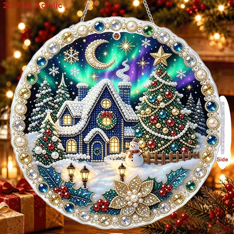 TEMU 2d Flat, 1pc 1pcs Diy Pearl & Diamond Pendant Ornament Suitable For Christmas Winter Aurora Snowy Cottage Hanging Decoration With Acrylic Snowy