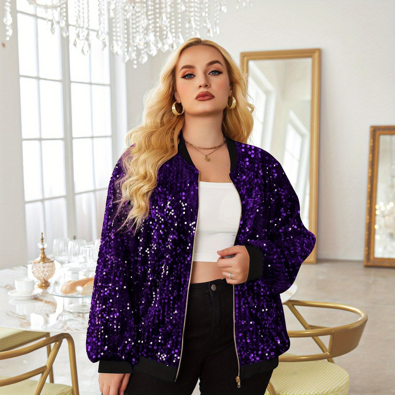 

Womens Sequin Jacket Plus Size Sparkle Long Sleeve Jackets Front Zip Loose Casual Blazer Jacket With Pockets