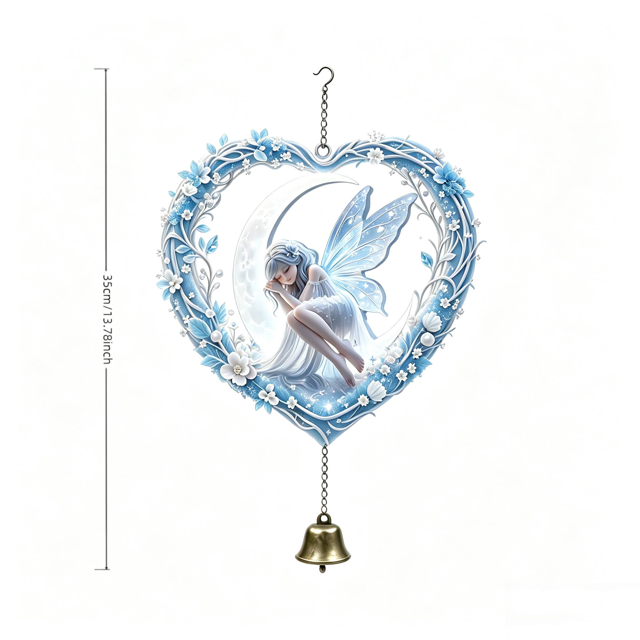 TEMU Ice And Moon Fairy Wind Chime, A Beautiful Blue- Fairy Ornament With Exquisitely Carved Vines Wrapping Around A Heart Outline. A Sleeping Fairy
