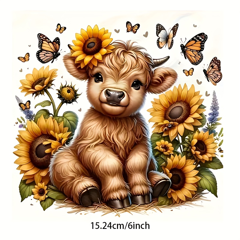 TEMU 1pc Cute Highland Cow With Sunflower And - Self-adhesive Vinyl Sticker, Glossy Finish, For Cars, Laptops, Trucks, Windows, Walls, Glass, Metal,