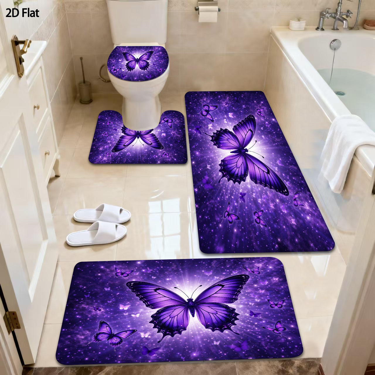 TEMU Ensemble de tapis de bain antidérapants 2D plats 3/4 pièces, ciel étoilé papillon , tapis de sol absorbant pour entrée de douche et décoration