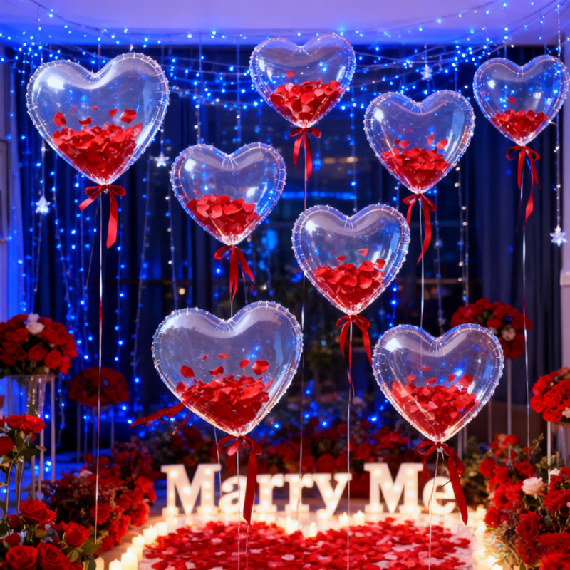 506pcs Transparent Heart-Shaped Pom Pom Petal Combination Set, 500 Petals + 5 Pom Poms + 1 Ribbon. Ideal for Valentine's Day, Weddings, Birthdays, Proposals, Anniversaries, Mother's Day Romantic Decorations, and Special Evening Parties