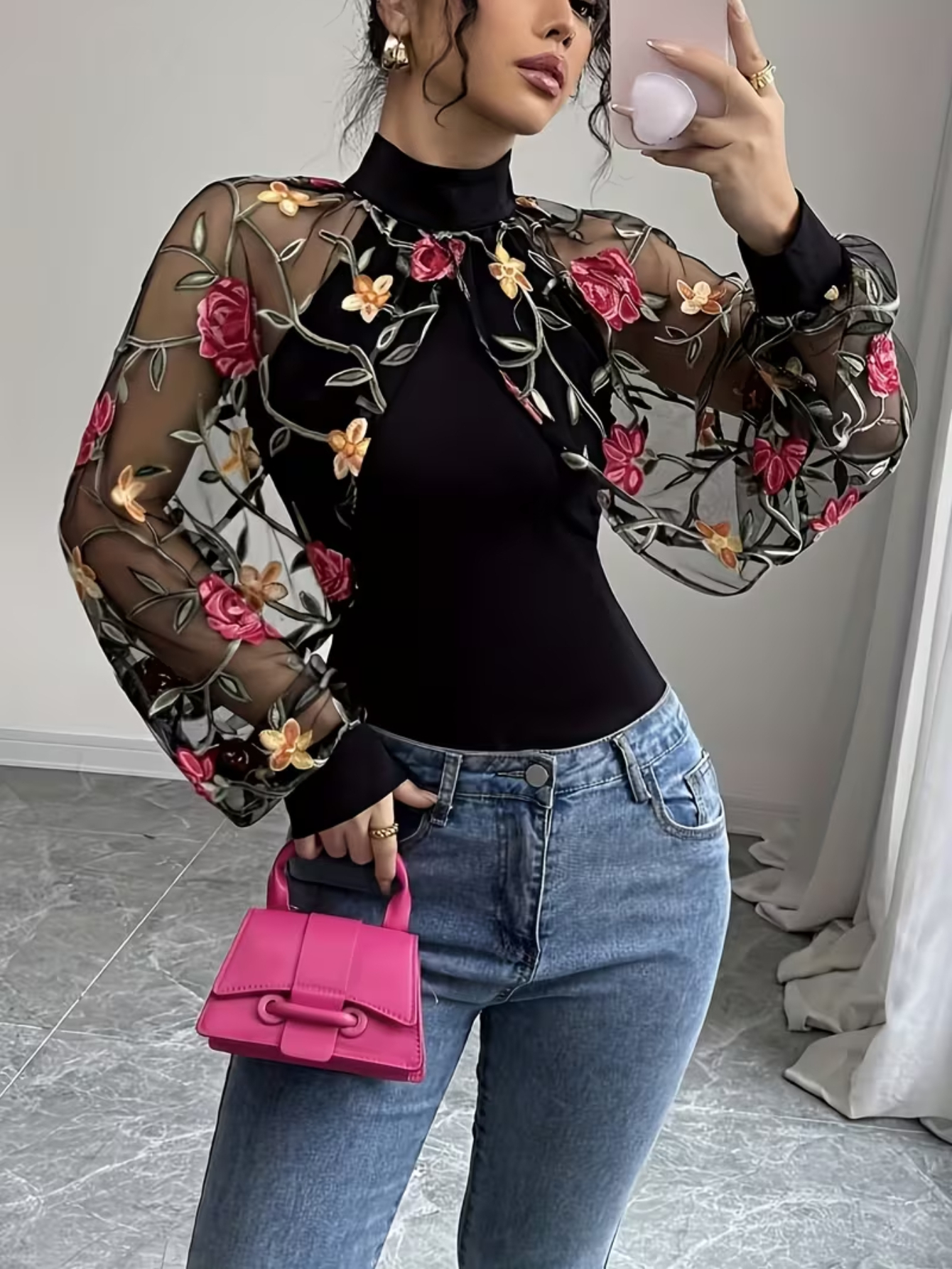 Womens Fashionable Casual Shoulder Top Floral Print