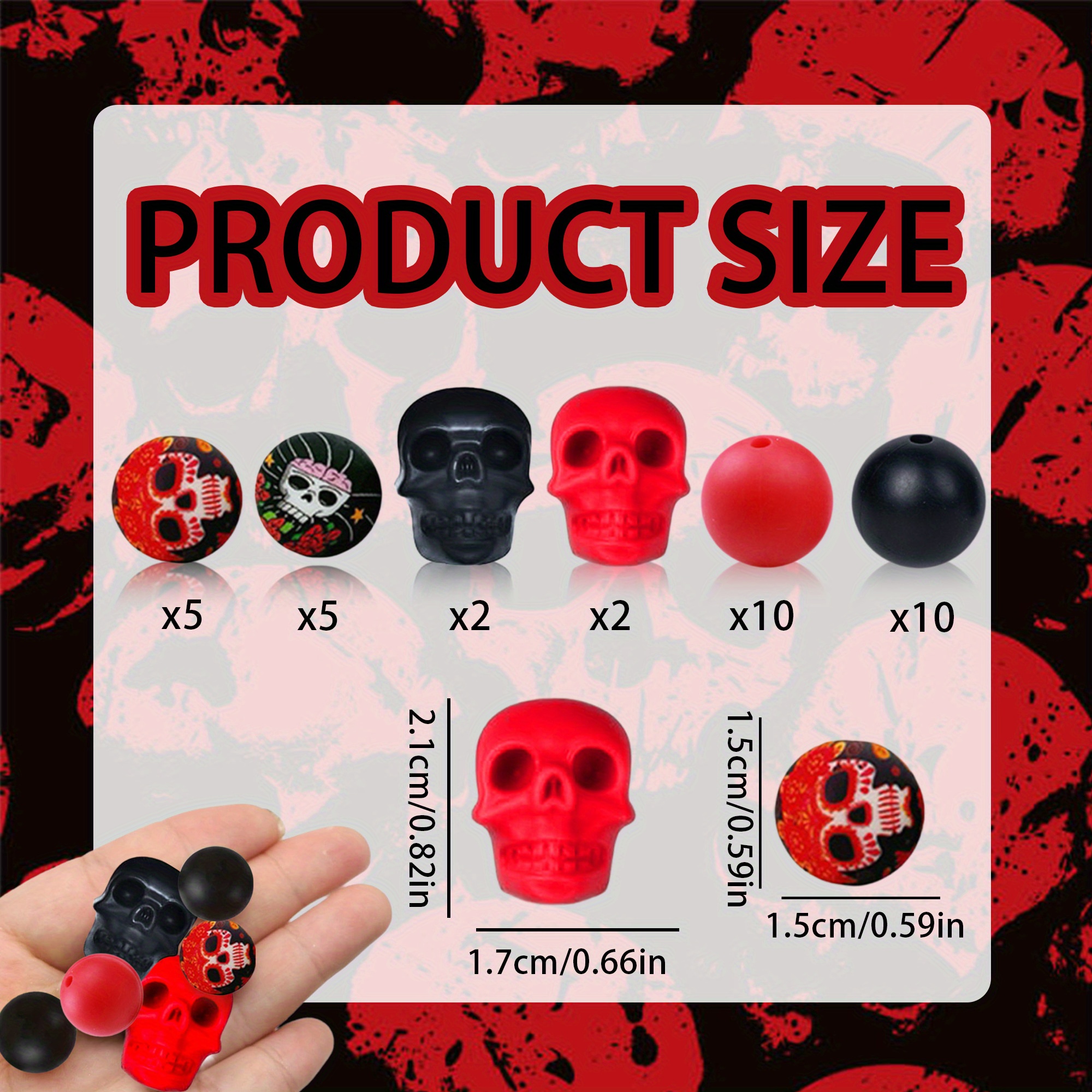 E-shop 34-teilige Silikonperlen in Schwarz und Rot mit 3D-Schädel-Design, mysteriöse Schädeldruck-Motive. für DIY-Schmuckdekorationen, kreative