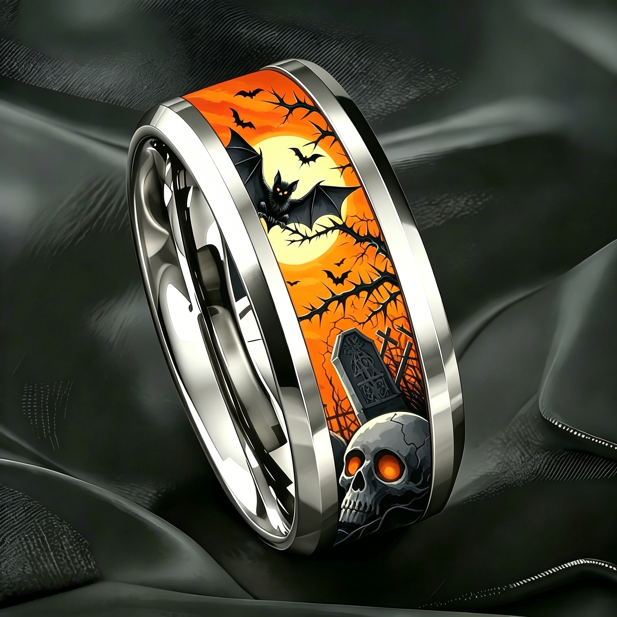 Orange Moonlit Night Bat Skull Stainless Steel Ring