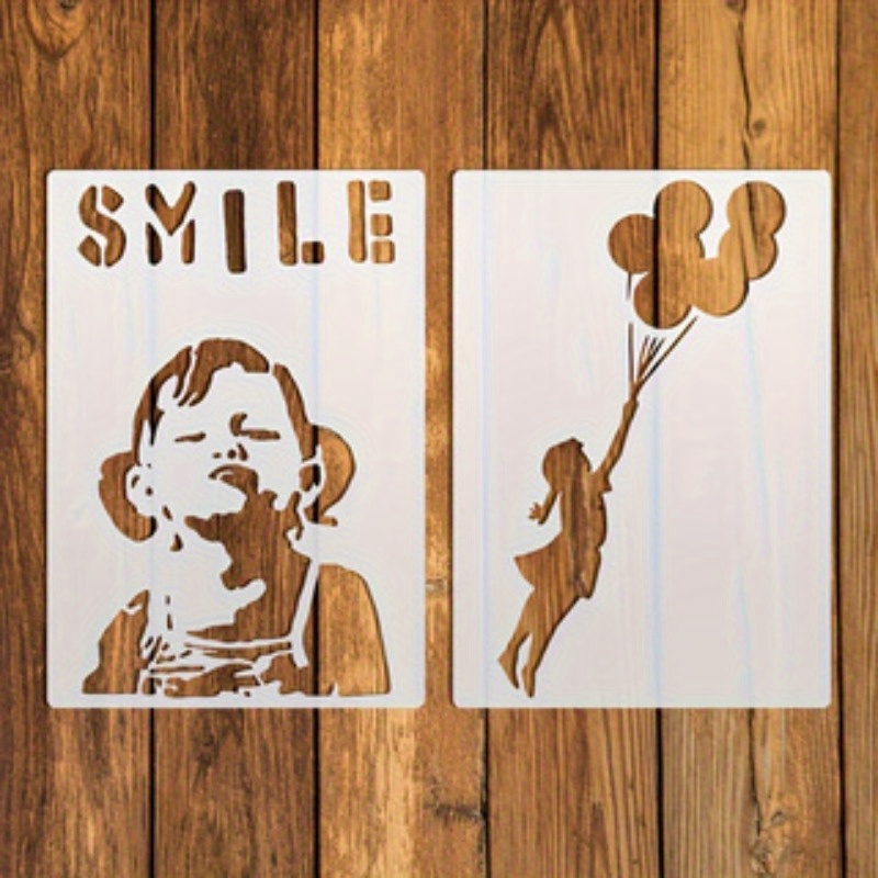 E-shop 2 Stück Lächelndes Mädchen und Ballonmädchen Schablonenset - Wiederverwendbare moderne Kunstschablonen für Leinwand, Holz, Wand, Stoff -