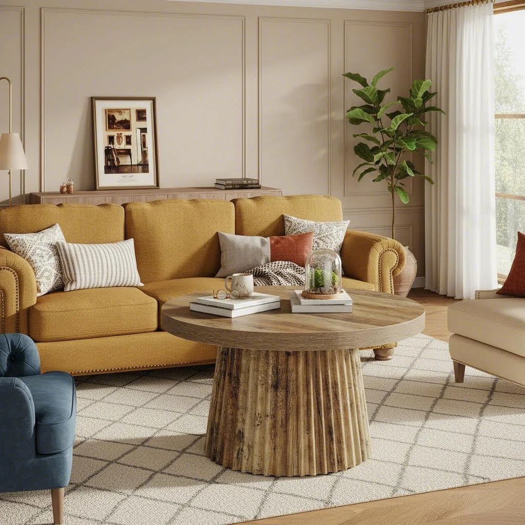 Round Coffee Tables Measuring 80.01 cm, Featuring a Fluted Drum Base, Designed in a Small Farmhouse Style, Perfect As a Mid-Century Modern Boho Accent Table for Living Rooms, Apartments, Or Compact Spaces, in a Brown End