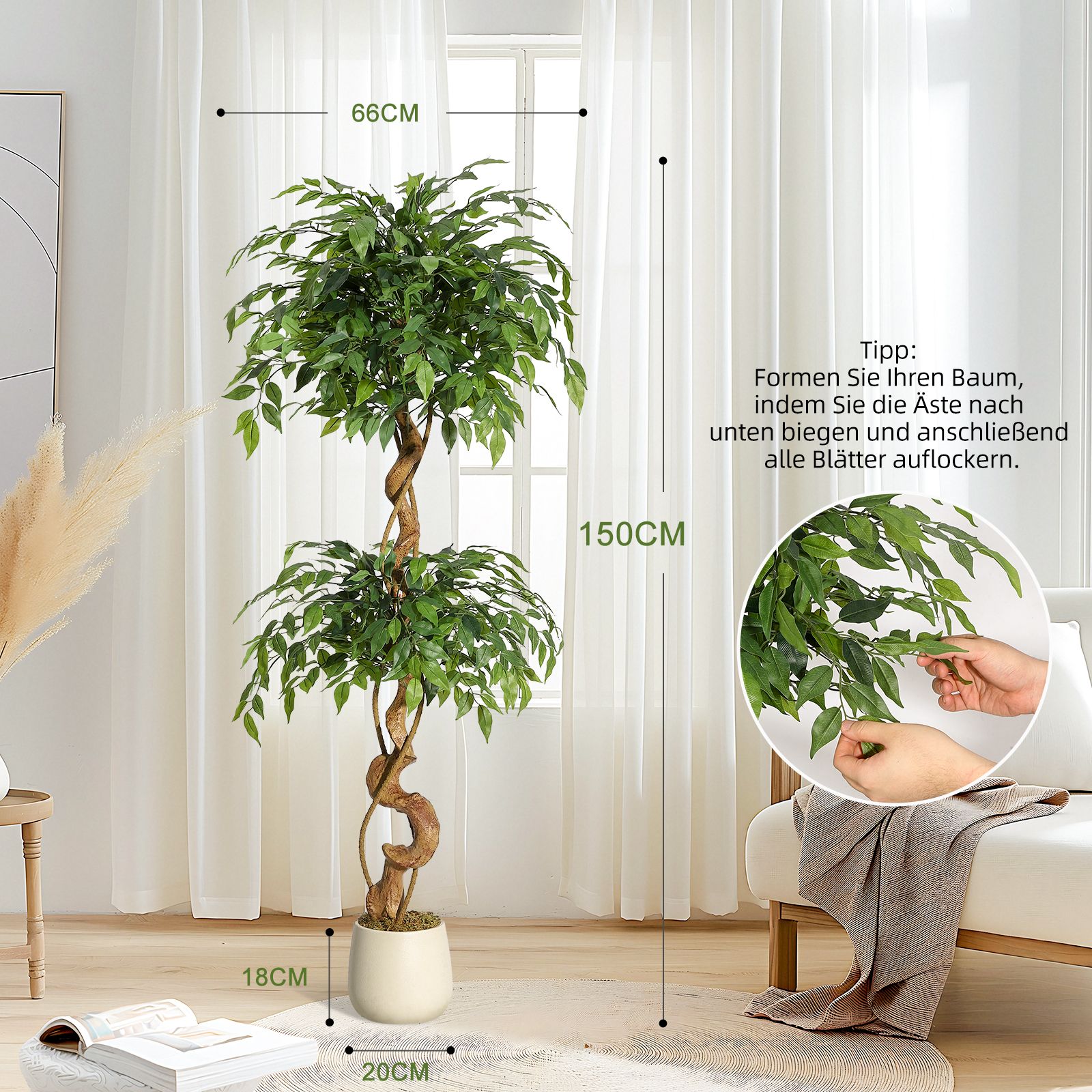 5ft Indoor Artificial Tree, Realistic Leaves & Lifelike Curved Trunk, White Planter Included, Perfect For Home Office Living Room Decor & Housewarming Gifts