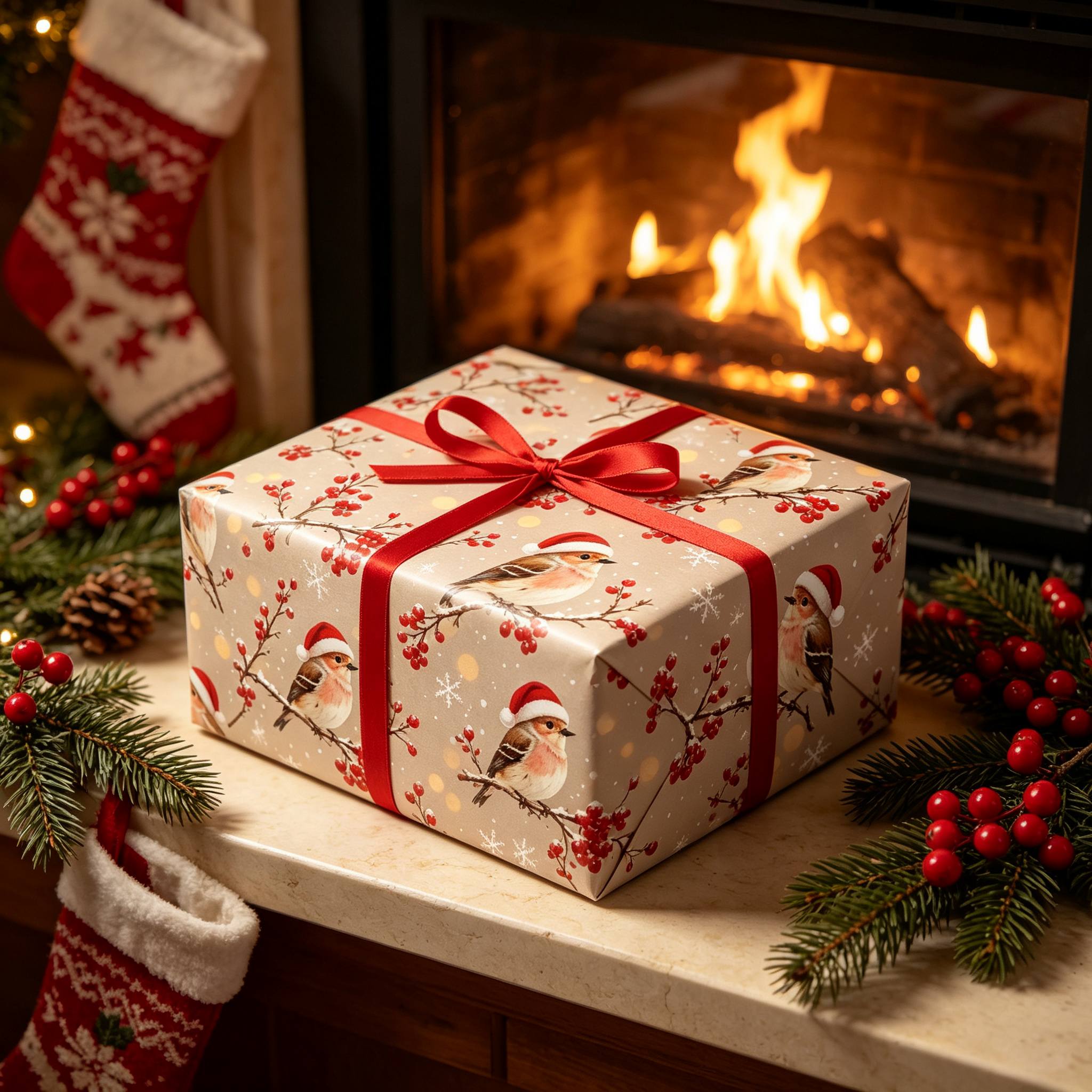 TEMU Rouleau de papier cadeau de Noël 17x118 pouces, motif oiseau d'hiver avec bonnet de Père Noël, rouges et de neige, pour emballage de cadeaux et