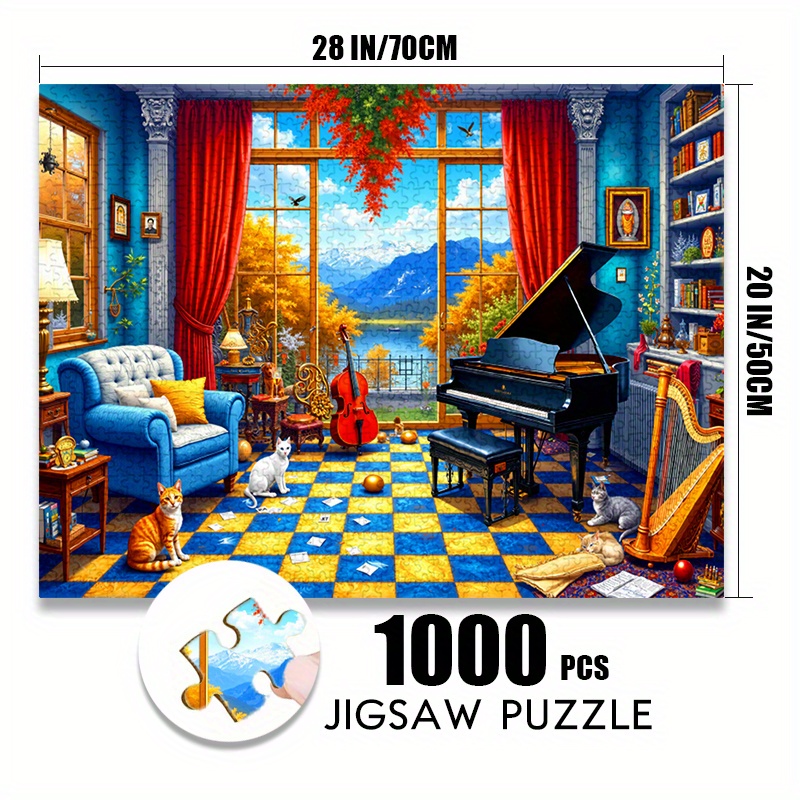TEMU 500/1000pcs Paper Puzzle: Art Living Room – Autumn Scenery With Musical Instruments And Adorable Cats, Large Jigsaw Toy For Adults, Interactive