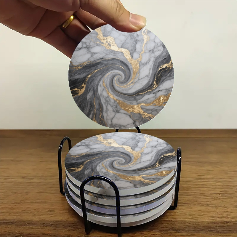 TEMU Set Of 6 Round Ceramic Coasters- Gray Tone Golden Veins, Heat- Resistant And Non- Slip Beverage Mats, Suitable For Home And Restaurant Table