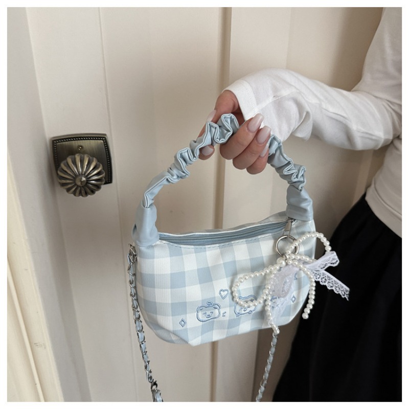 Plaid Ruched Handle Hobo Bag With Pearl Bow And Chain Shoulder Bag_voghion.com