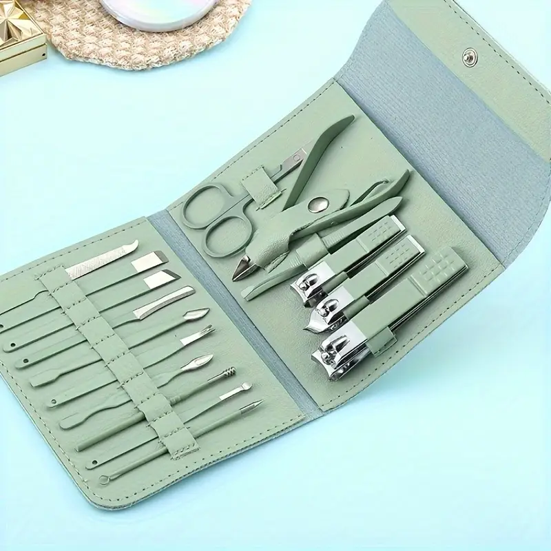16in 1 stainless steel nail trimming suit professional portable travel case 2 5mm flat nail clippers with adjustable jaw serrated edge for on the go manicure pedicure durable light beige safe manicure tool nail care accessories trimming kit tools home manicure Product details 0