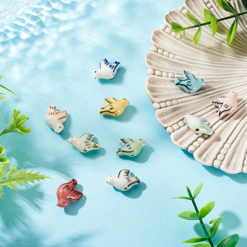 10pcs Handmade Porcelain Beads, Pigeon Shape