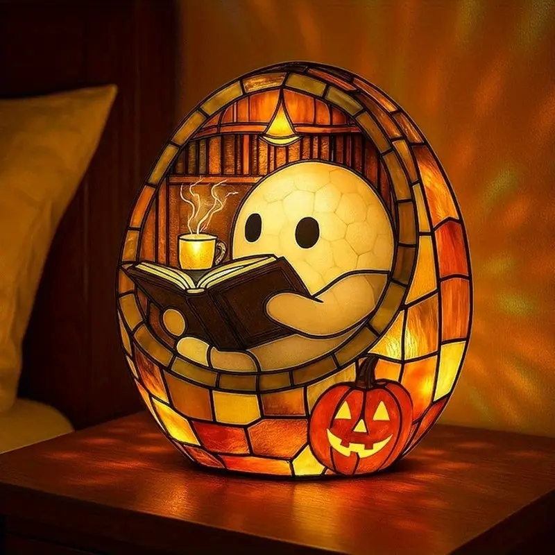 cute reading bubble night light halloween decoration with book lantern battery free tabletop shelf fireplace decor spooky for home parties gifts durable resin construction indoor outdoor use halloween party centerpiece or year round decoration shelf accent piece design detailed sculpture decorative lamp Product details 9