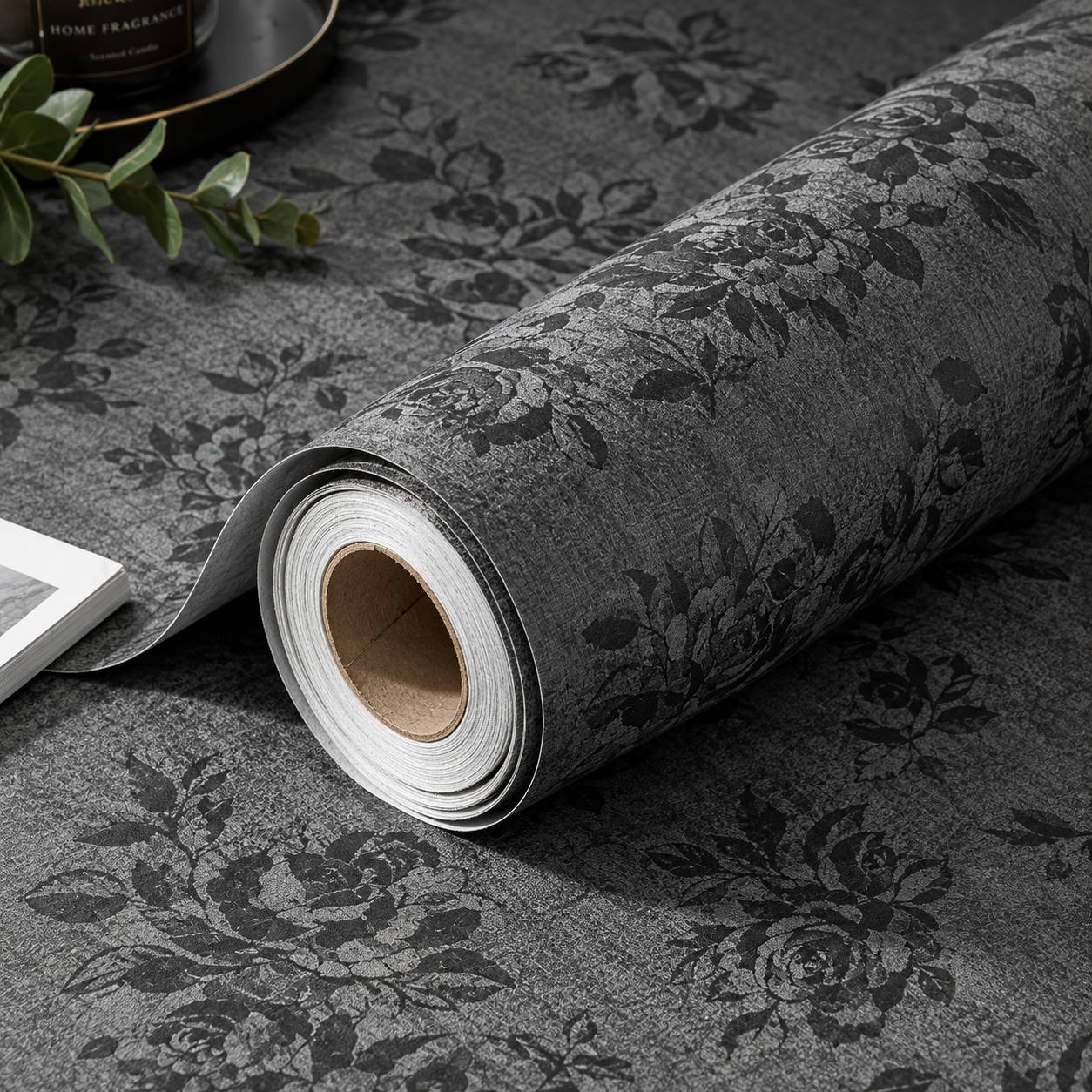 TEMU Black Peel And Stick Wallpaper, Silk Embossed Floral, 0.22mm Thickened Pvc Material, Non-aluminum Foil, 1 Roll