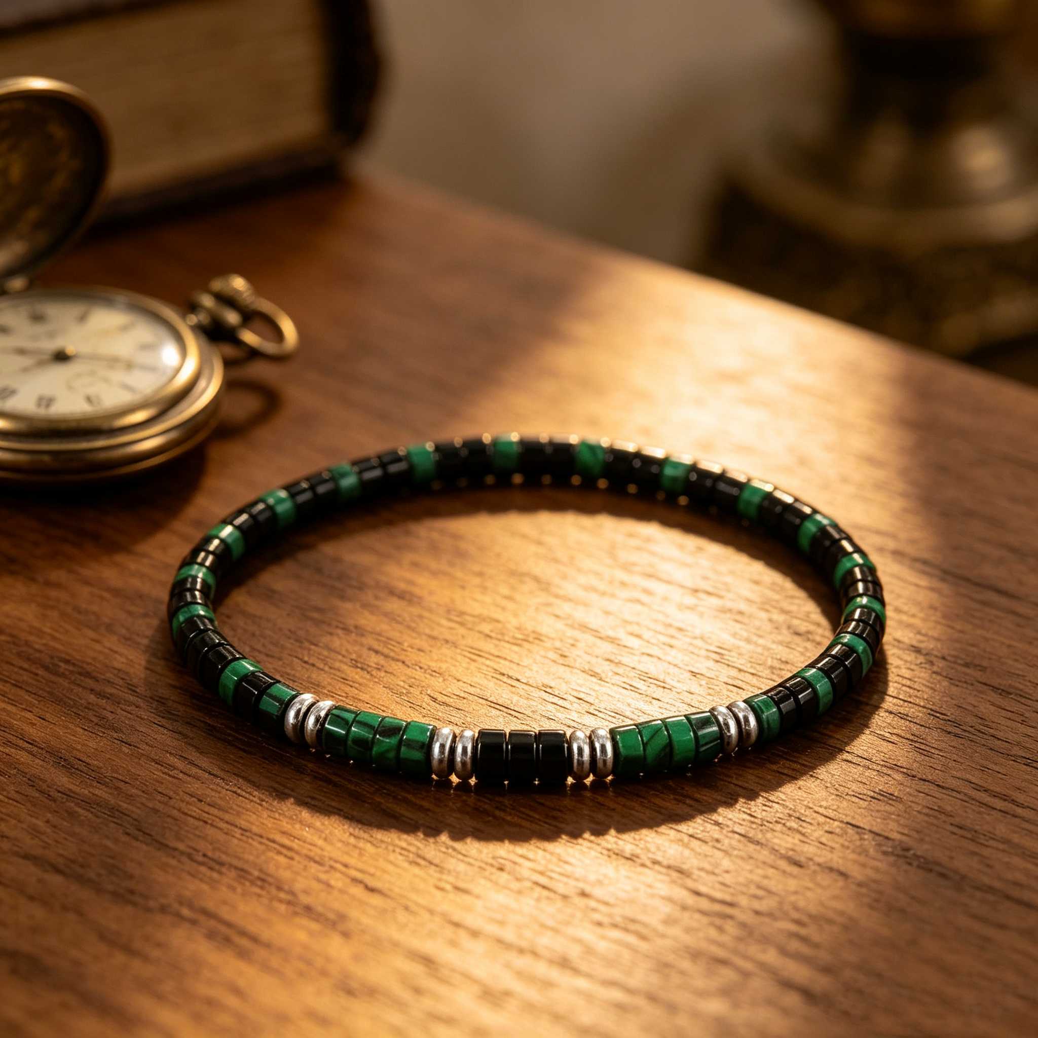 TEMU Bracelet Homme Tube de Perles Malachite et Onyx Noir, Bracelet Argenté d'Écarteur en Naturelle, Bijou de