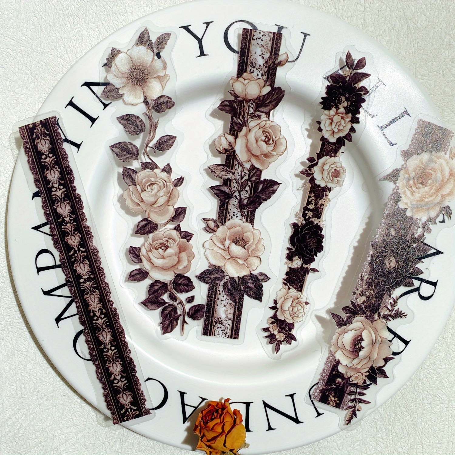 15pcs Pet Flower Lace Strip Stickers Hand Account Collage For Scrapbooking Junk Journal Decorative