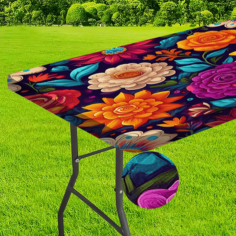 TEMU 1pc Vibrant Floral Tablecloth With Elastic Edges - Colorful Polyester Outdoor Table Cover For Picnics, Garden Parties, And Home Decor -