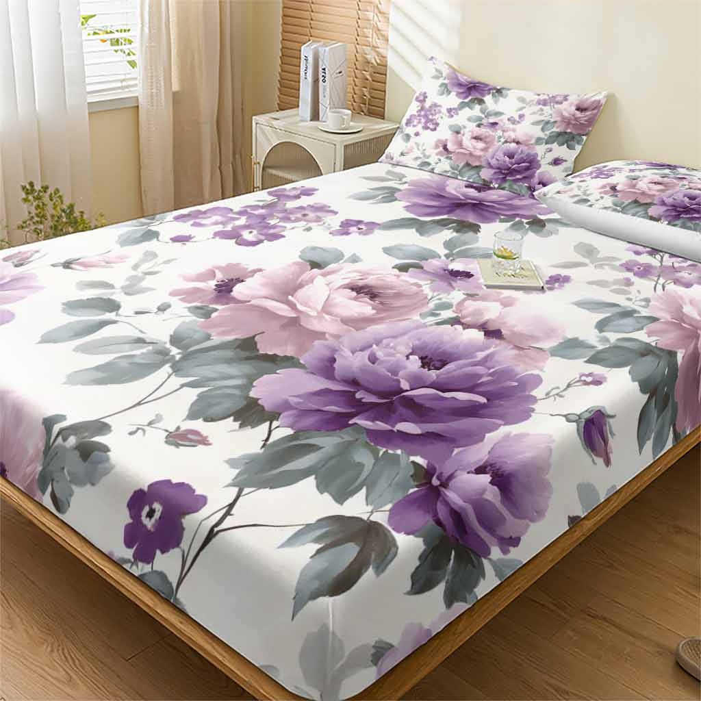 TEMU 1pc Purple Floral Botanical Print Fitted Bedspread, Soft Comfortable Bedding Fitted Sheet, For Bedroom, , With Deep Pocket, Fitted Bed Sheet ,