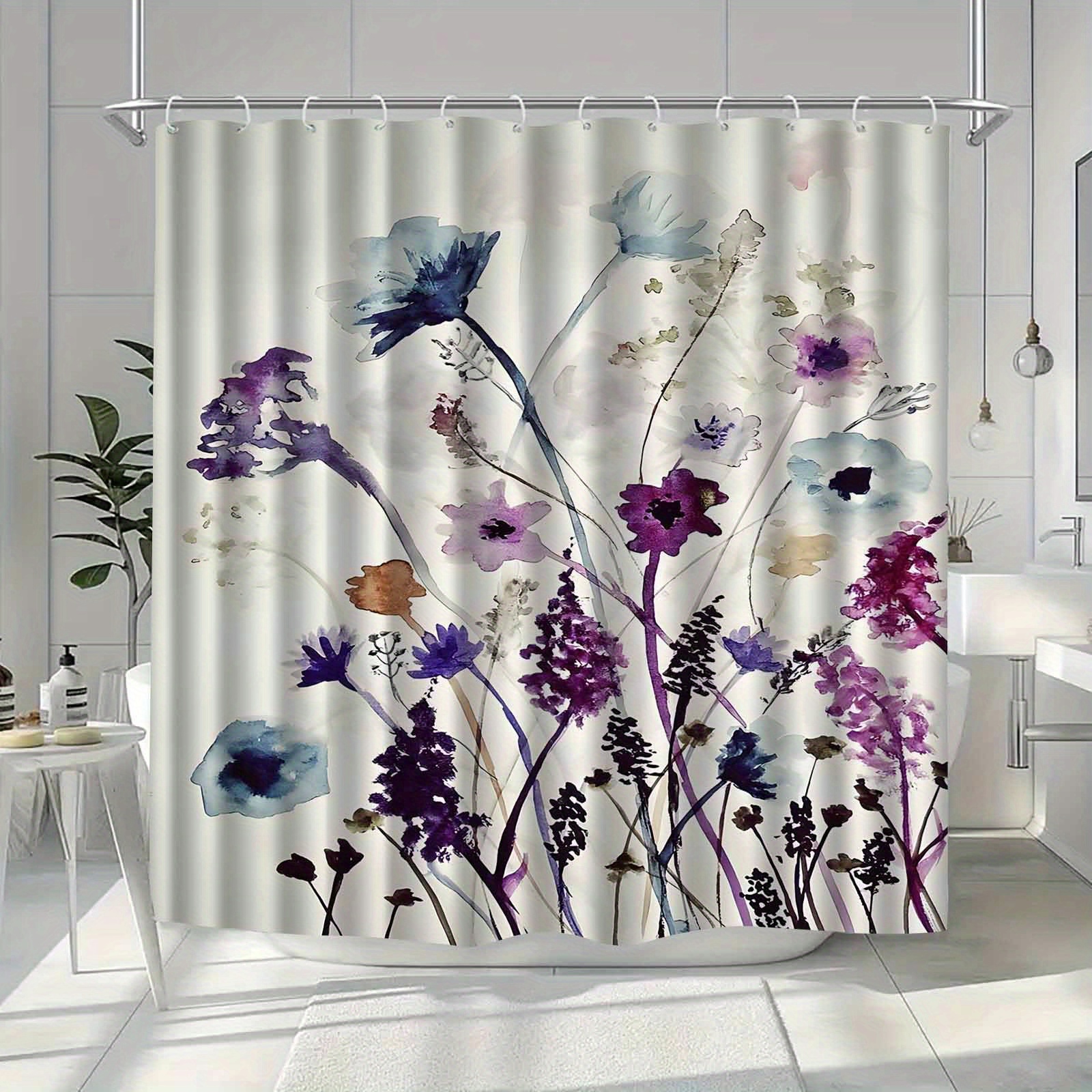 TEMU Jit1pcs Nordic Purple Watercolor Floral Pattern Shower Curtain, High-end Elegant Bathroom Curtain Shower Curtain, Shower Curtain Home Decoration