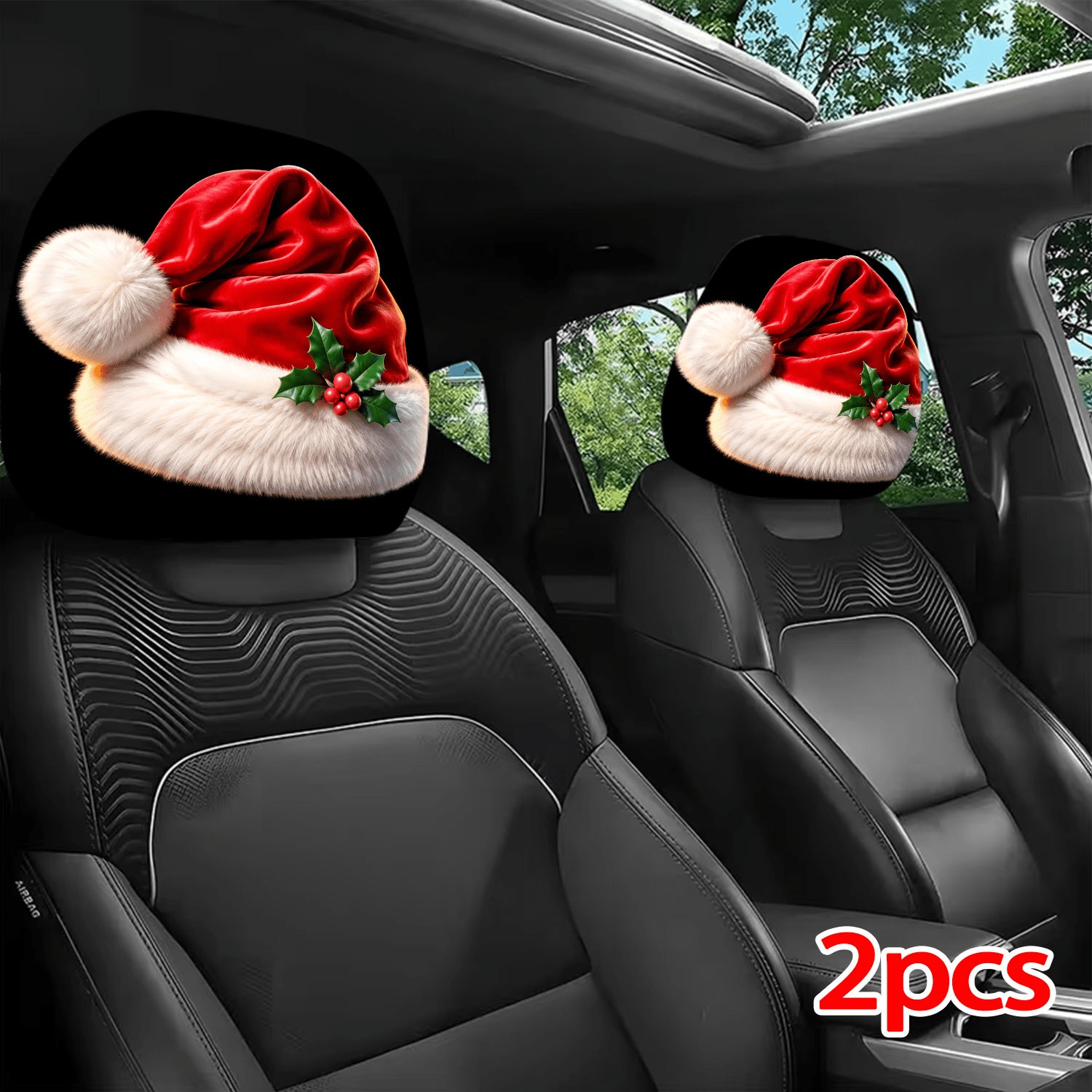 TEMU 2pcs 2d Printed Holiday Christmas Hat Design With Pattern Car Headrest Covers, Elastic Universal Fit, Ideal Decoration, Fun Decor, Journey,