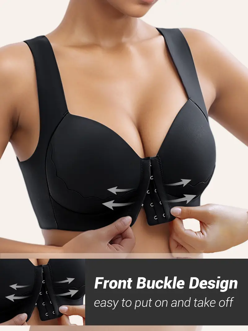 womens solid color front closure bra with shell pattern trim integrated wide shoulder straps non removable pads wire free 5 colors from meeting multi environment wear Product details 14