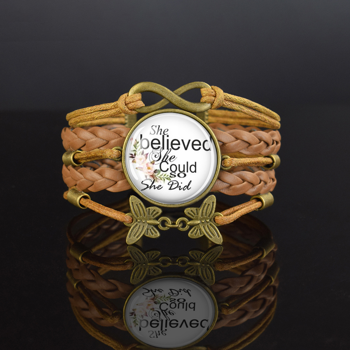 Adjustable Vintage Brown Bracelet with Dome Glass Inlay
