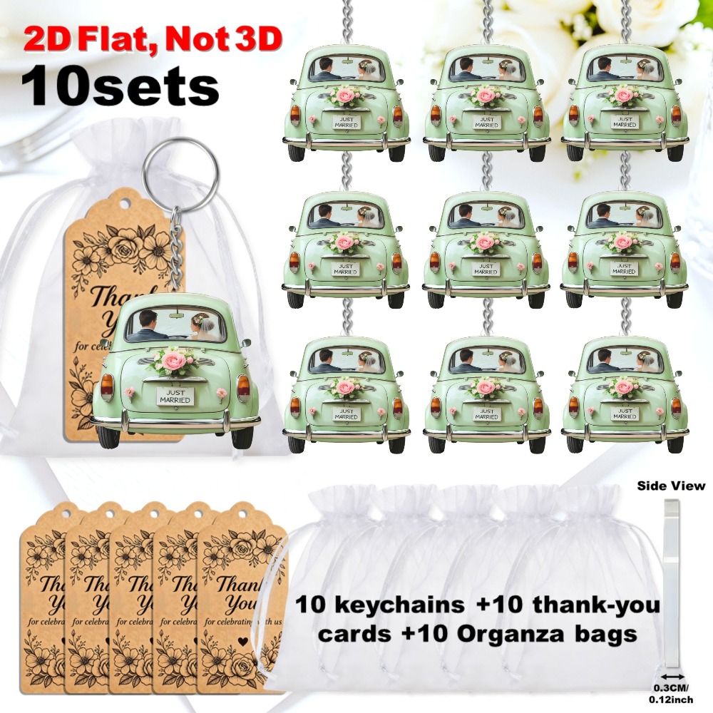 TEMU 2d Flat Keychain Set, 10 Sets 2d Flat "new Wedding" Mint Green Vintage Wedding Car Keychains, Bridal Gift For Wedding And Wedding Favors, With