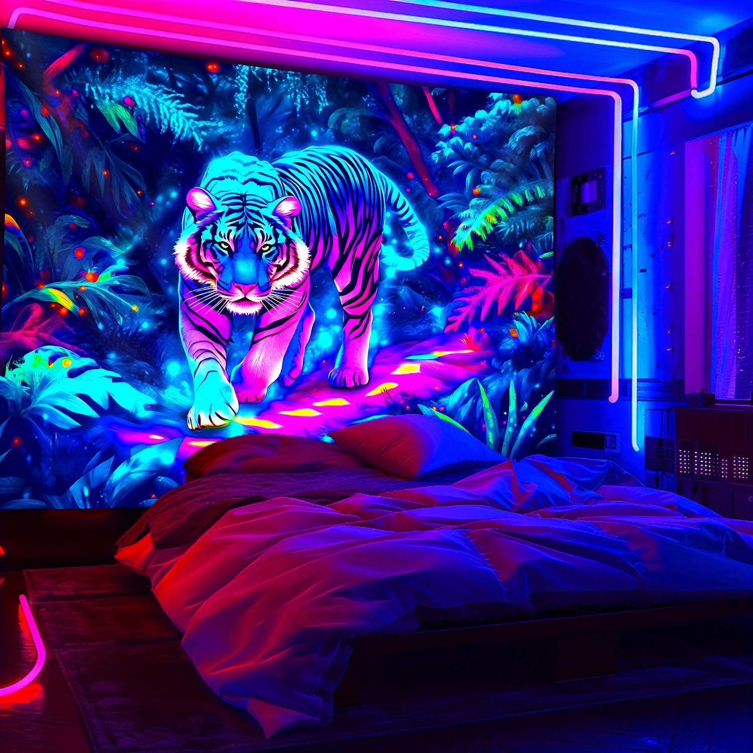 TEMU 1pc Jungle Tiger- Glow In The Uv Light Banner Tapestry, Large Size Fluorescent Printing Tapestry, Bedroom Hanging Tapestry For Party Festival,