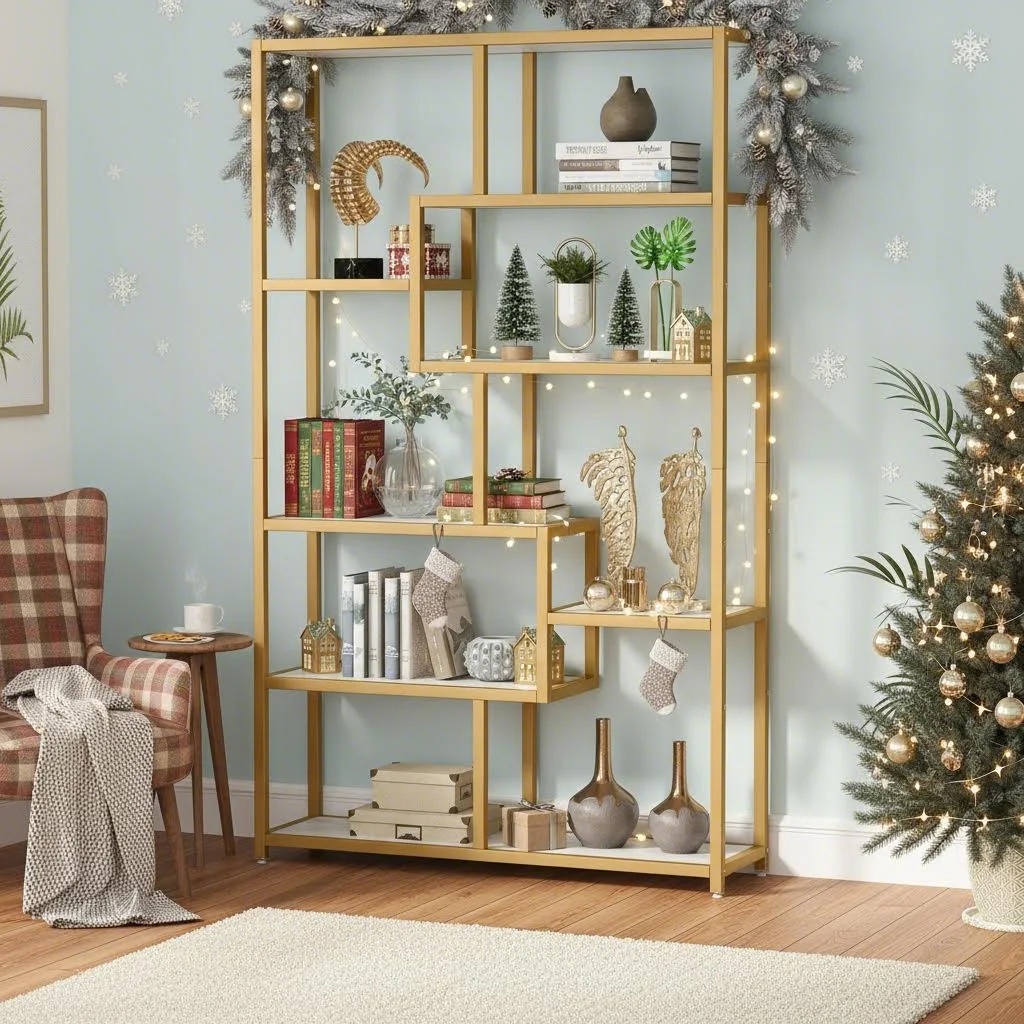 Modern Golden 8-tier Bookshelf, Open Display Storage Rack For Living Room, Home Office Or Bedroom (1pc)