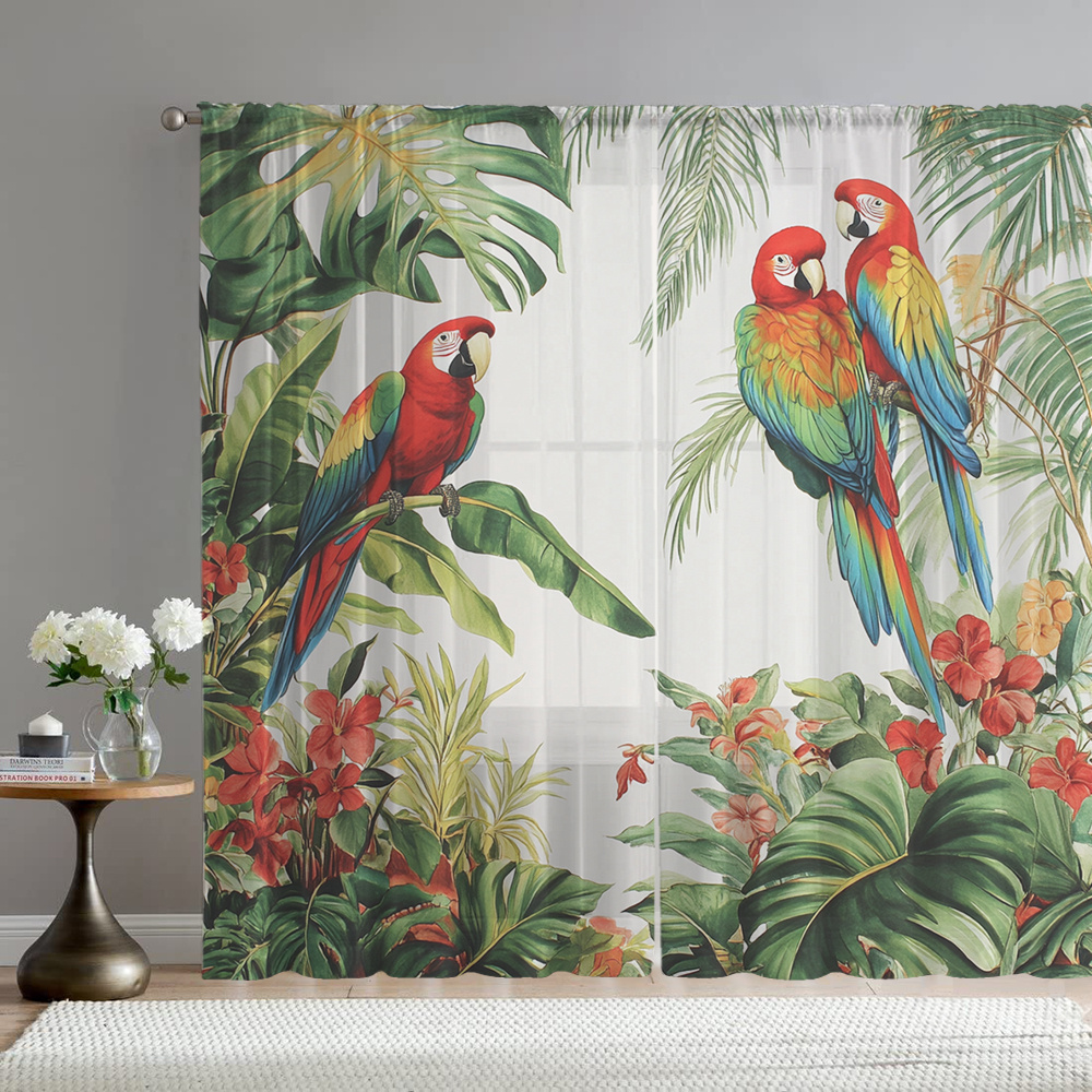 TEMU 2pcs Tropical Parrot Rainforest Plant Decor Sheer Curtains, Modern Flowy Window , Suitable For Kitchen, Cafe, Dining Room, Balcony, Garden,