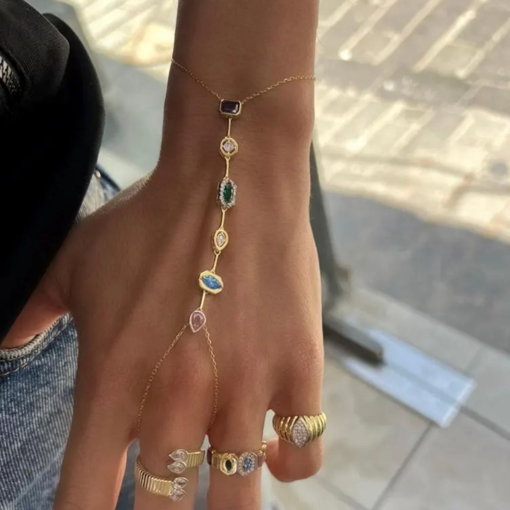 TEMU 1pc Women's Bohemian Style Golden Multicolor Synthetic Zirconia Ring Bracelet - Interlocking With & Golden-tone Beads, Elegant Everyday & Party