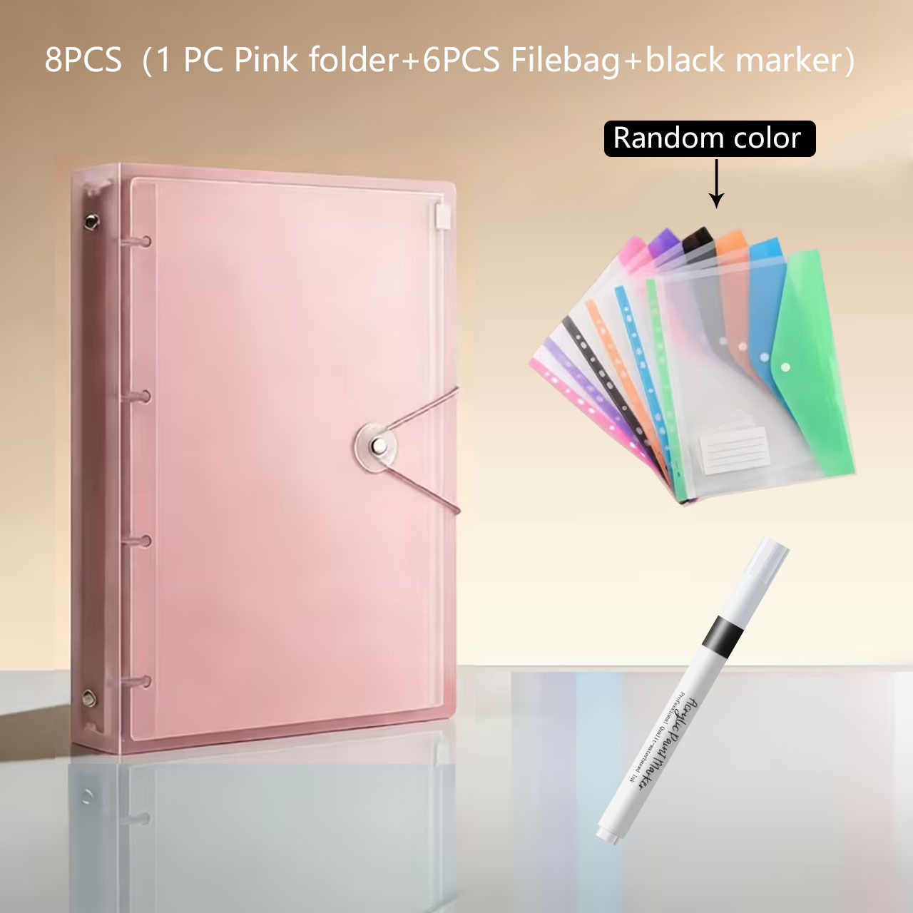 TEMU 8pcs Set: 1 A4 Size Heavy-duty Colorful Pp Ring Binder + 6 A4 Size 11-hole Expandable File Pockets In Assorted Colors + 1 Pen. High-capacity,