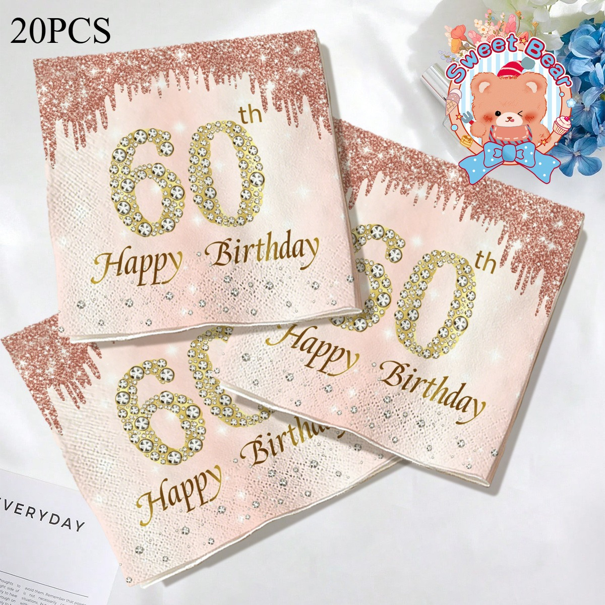 TEMU Serviettes de table pour fête du 60e anniversaire, adaptées à la de des 60 ans - Décoration de table jetable avec impression 60e coulant à