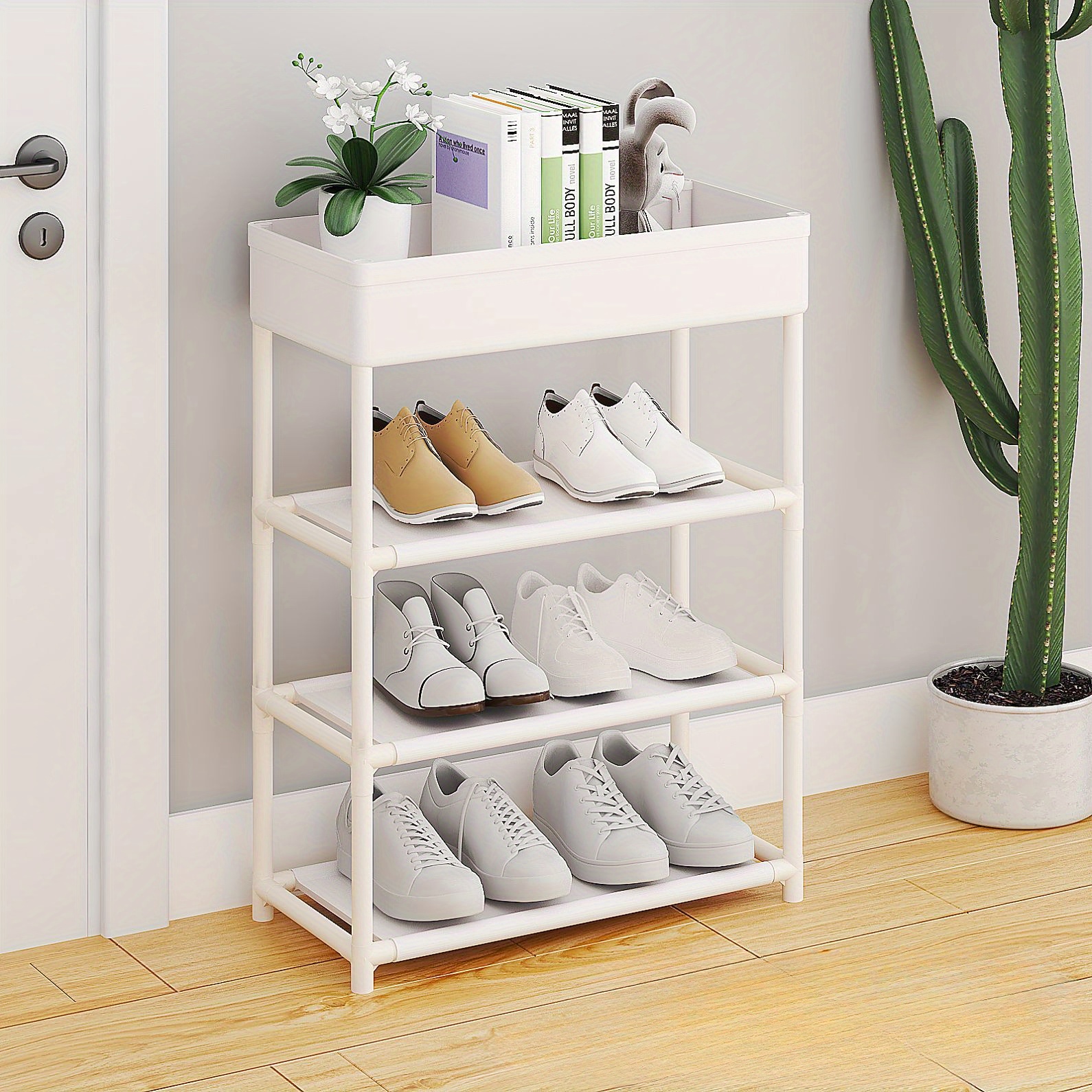 space saving shoe rack organizer   plastic floor standing for entryway closet bedroom storage details 1