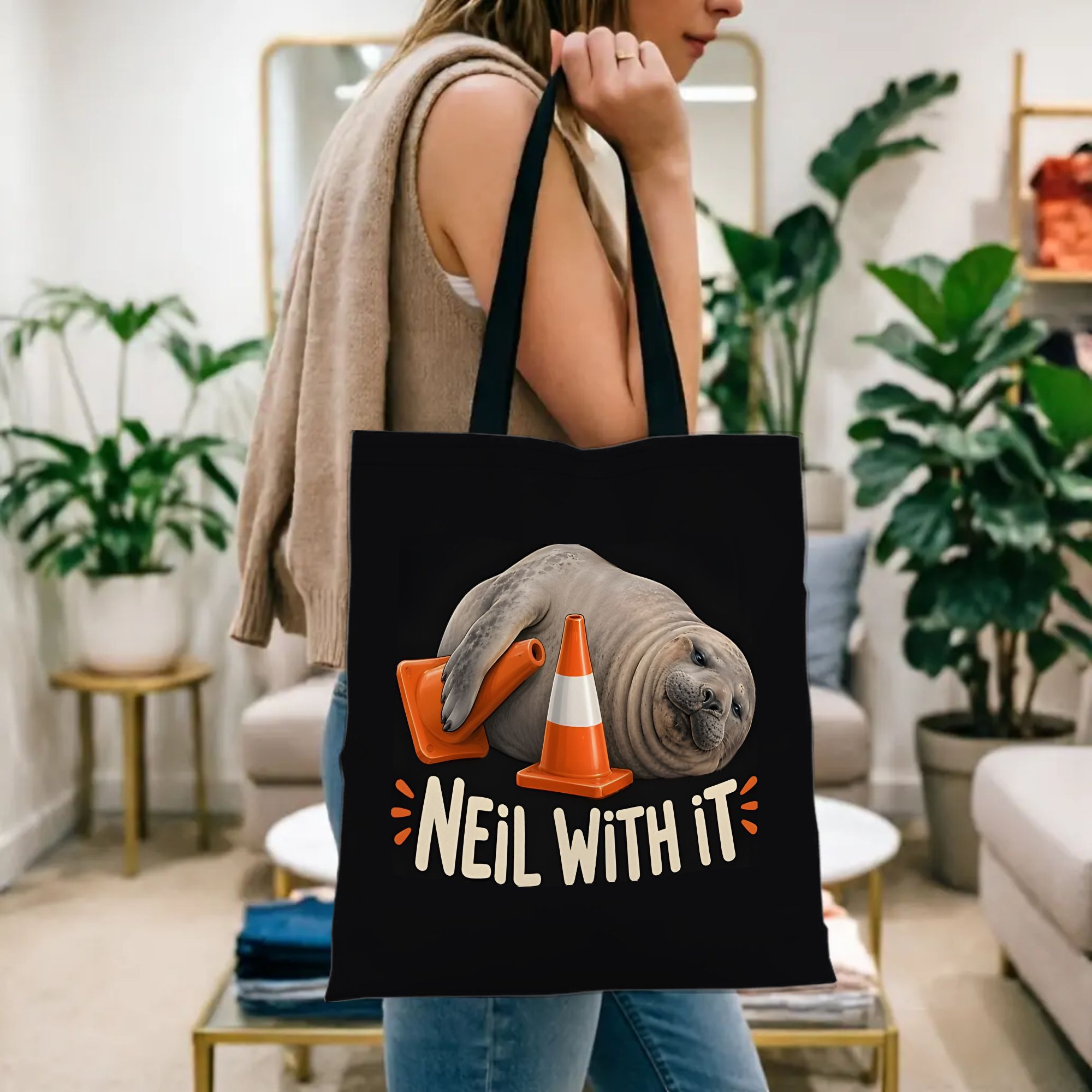 TEMU 1pc Neil The Seal Elephant Seal Tote Bag - Durable Fade-resistant With Sturdy Shoulder Strap | Double-sided Animal Print | Shopping & Personal